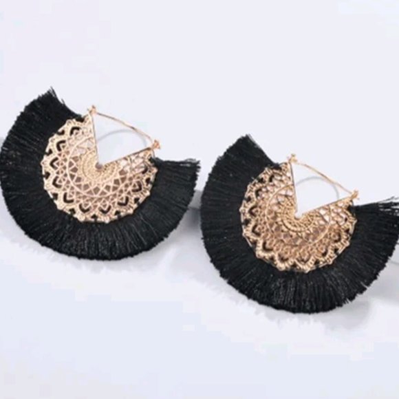 Anthropologie Jewelry - Anthropologie Black Silk Fringe Filigree Earrings